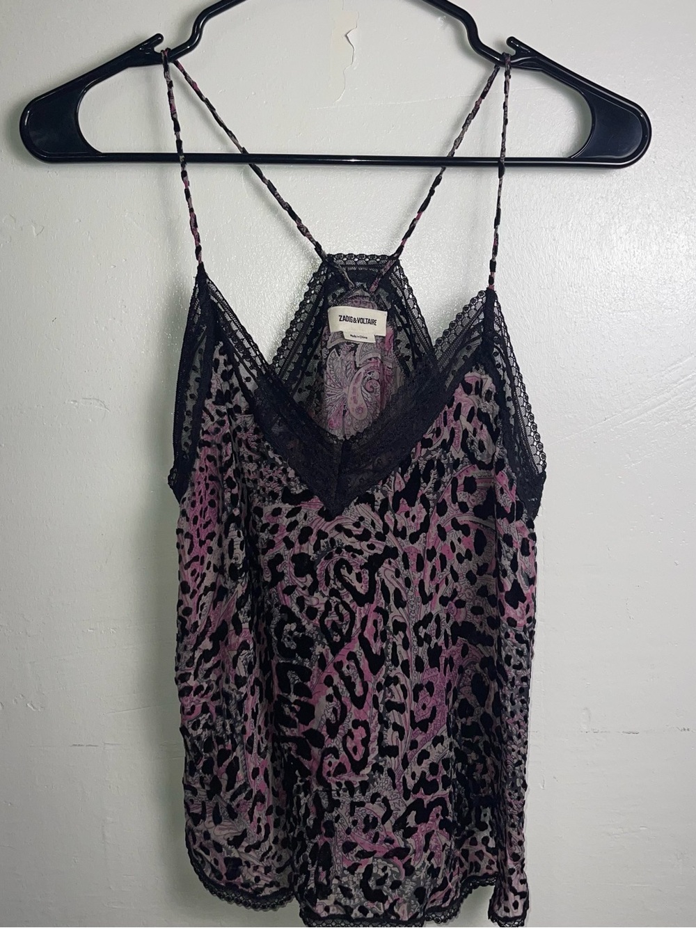 Zadig & Voltaire Christy Pink Black Velvet Leopard Lace Racerback Camisole Top